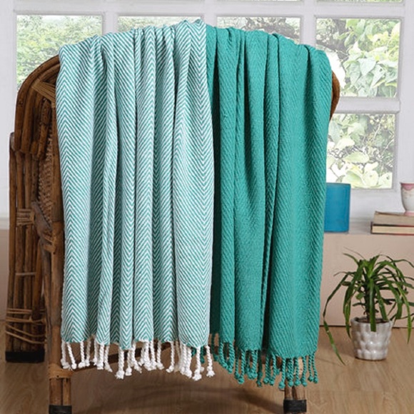 Cotton All Season Throw Blanket Set of 2 Turquoise - Picture 1 of 5
